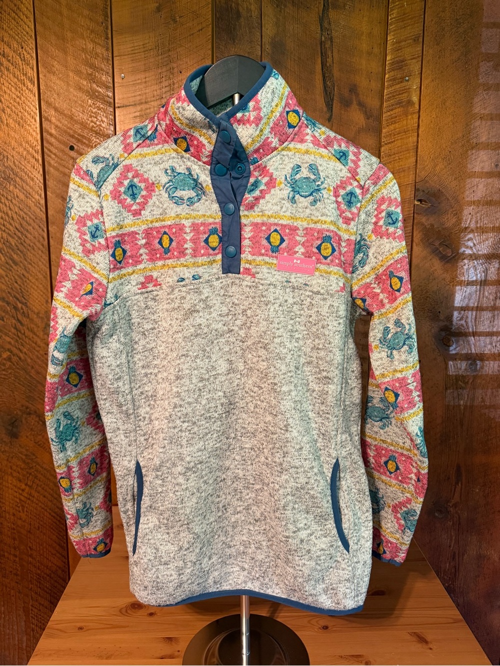 Simply Southern Nautical Crab Fair Isle Fleece Snap Pullover Sweater Smoke M